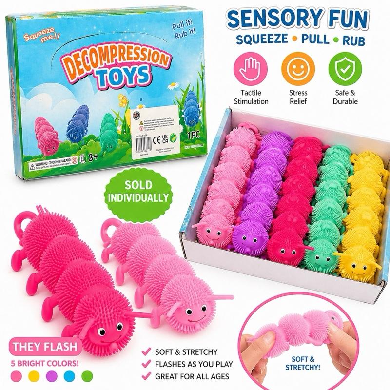 Flashing Caterpillars Fidget Toy - Sensory Fun Decompression Toys for Tactile Stimulation & Stress Relief in 6 Bright Colors