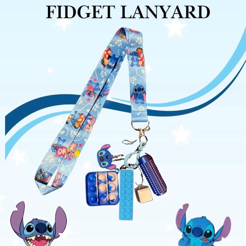 Stitch themed sensory lanyard with fidget toys and chewable item