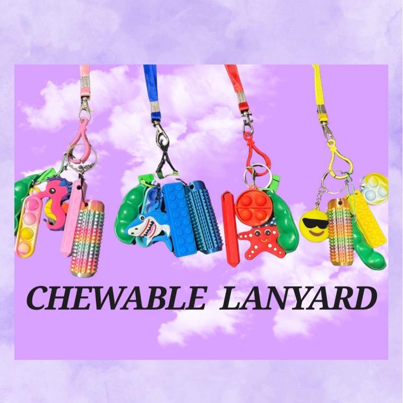 Fidget Landwyards Chewable Lanyard with Silicone Pendant Mini Popper & Pea Pod Fidget for Stress Relief Anxiety ADHD Autism Safe BPA-Free Lightweight Comfortable