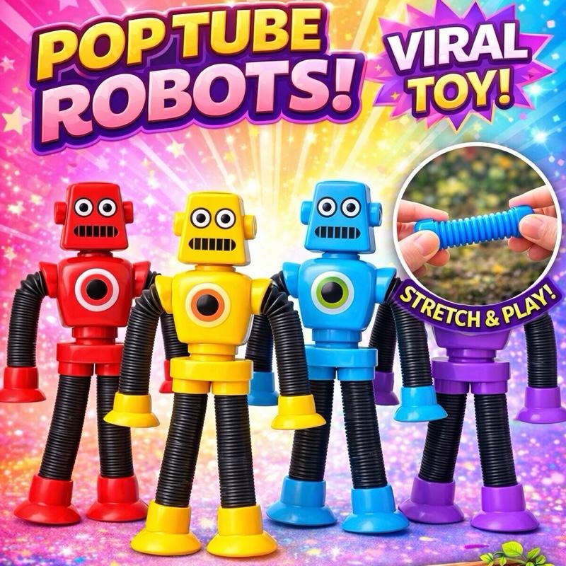 Pop Tube Robots 4 Pack Suction Cup Toys in 4 Different Colours Stretch & Play Viral Toy