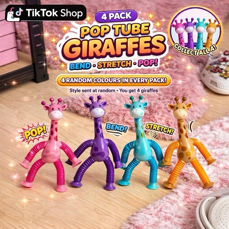 Pop Tube Giraffes Suction Cup Giraffes 4 Different Colours Bend Stretch Pop Fun Kids Toys