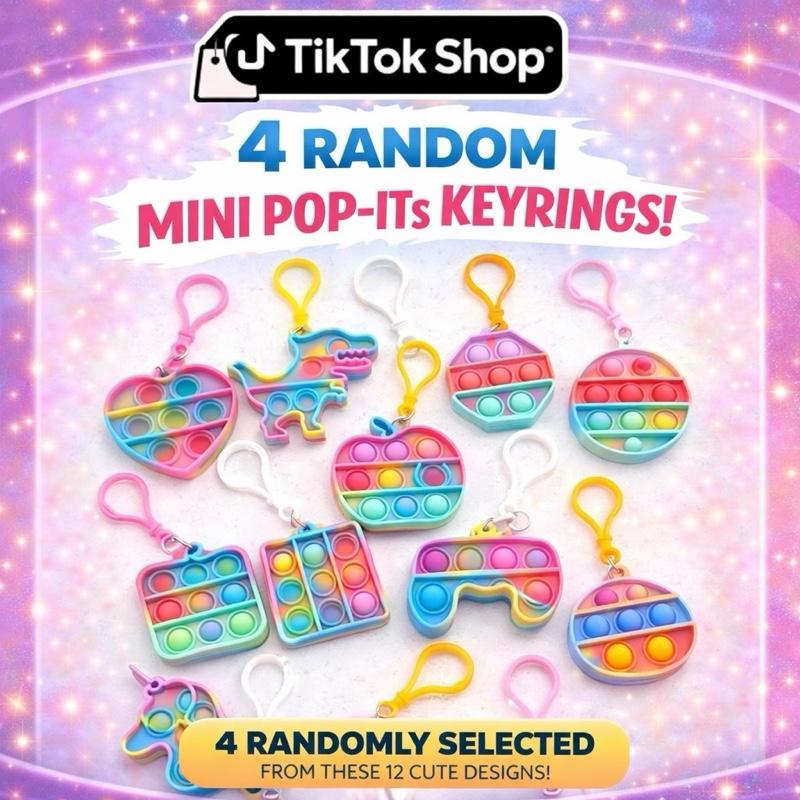 TikTok Shop 4 Pack Randomly Selected Mini Poppet Keyrings 12 Different Designs Fun Keychains for Kids